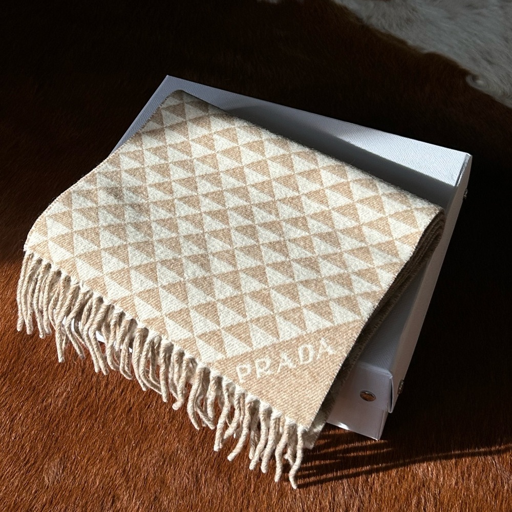 Beige Prada Wool and Cashmere Reversible Fringe Scarf